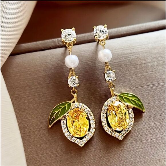 Yellow & Green Pearl & Lemon Earrings - Picture 1 of 4